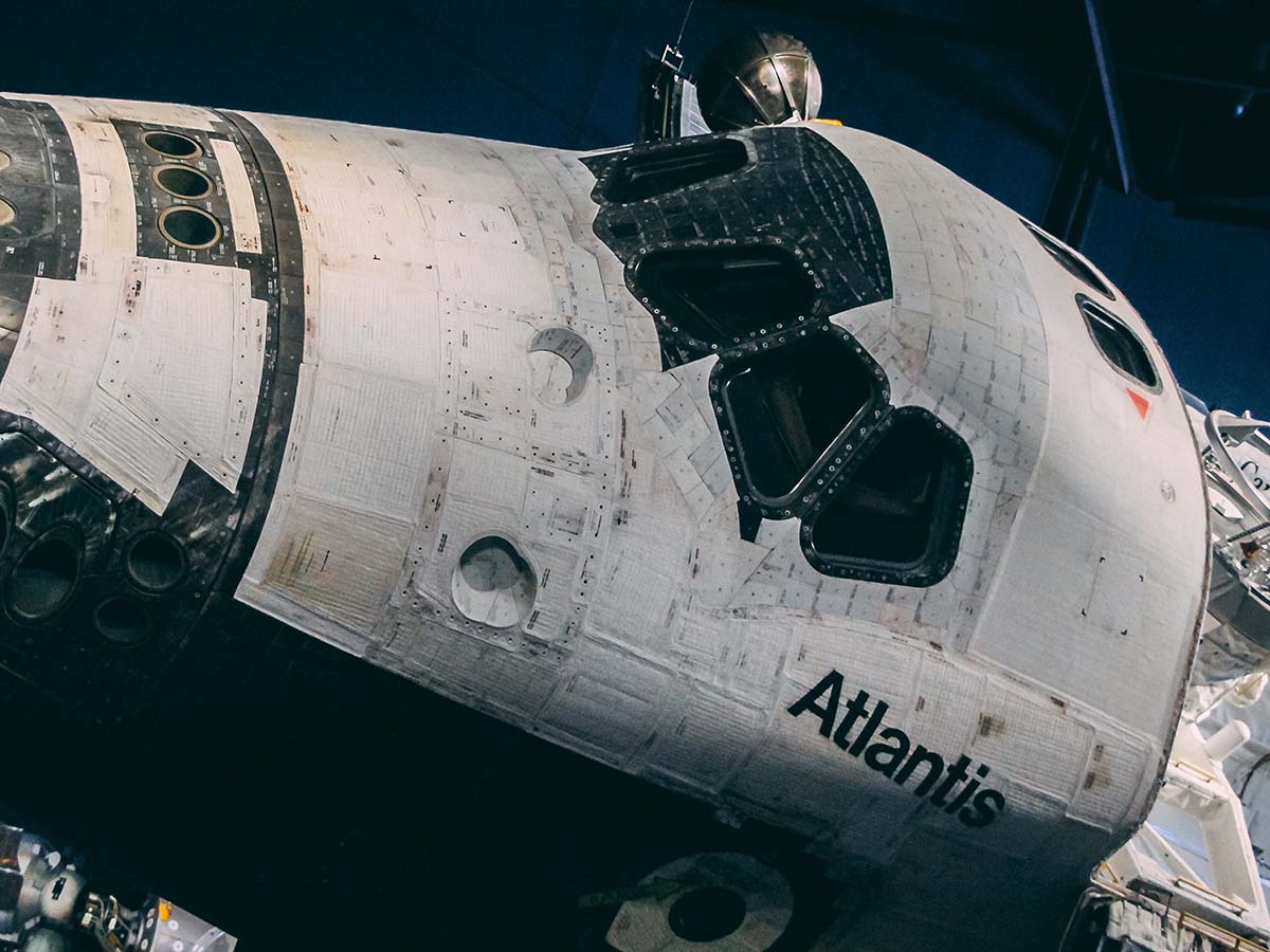 Close up view of Space Shuttle Atlantis at the Kennedy Space Center Visitor Complex.